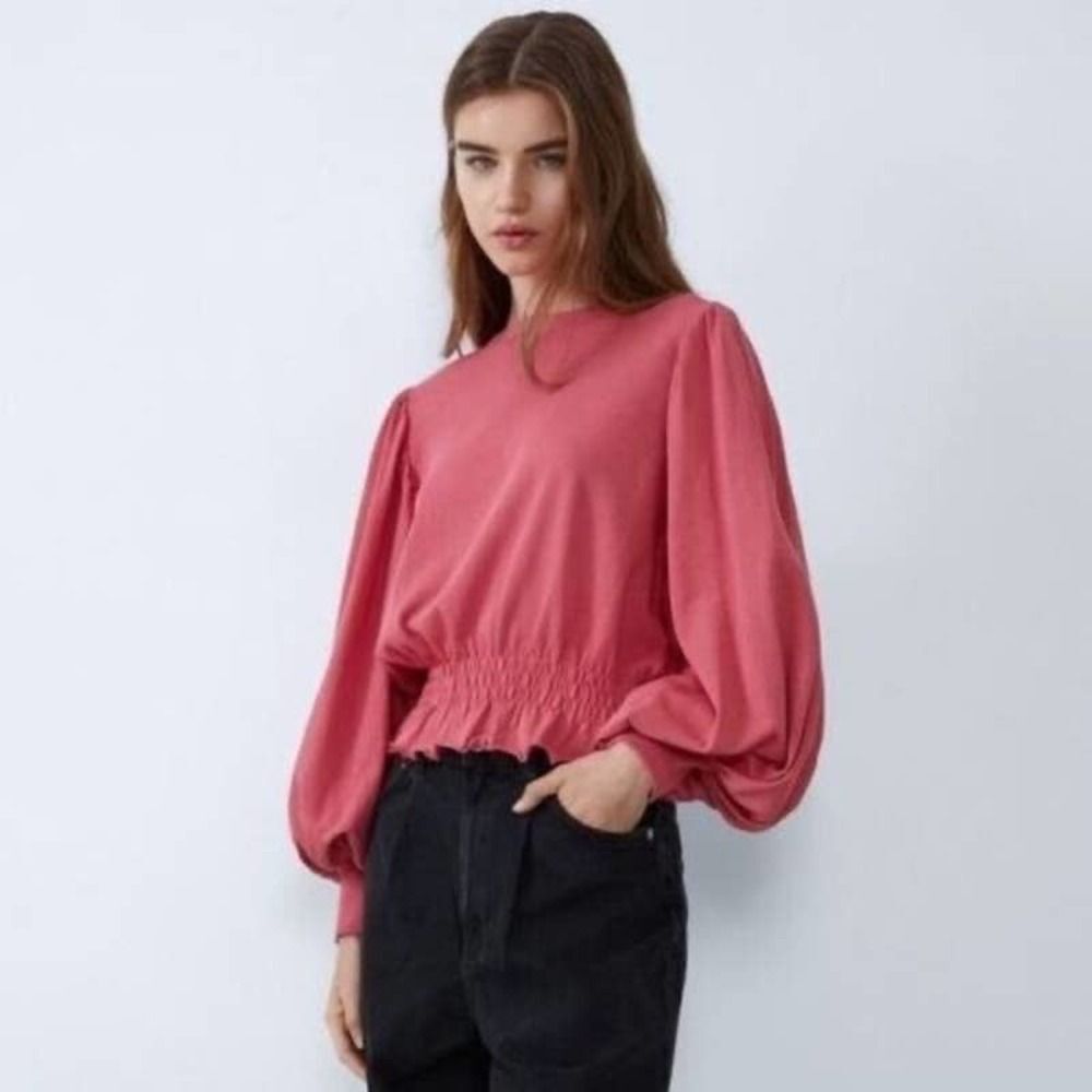 Zara EUC Balloon Sleeve Sweatshirt Top Size M Pink